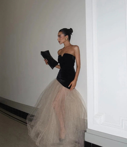 Elegant Evening Dress Strapless Black Velvet Prom Dress Tulle Wedding Evening patrty Dress Floor Length