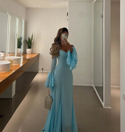 Blue Chiffon Mermaid Evening Dresses Off Shoulder Formal Occasion Gown Halter Prom Dress Evening Gowns Floor Length