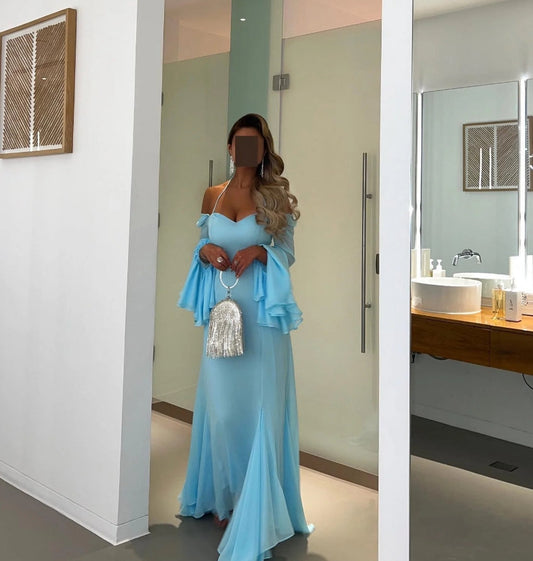 Blue Chiffon Mermaid Evening Dresses Off Shoulder Formal Occasion Gown Halter Prom Dress Evening Gowns Floor Length