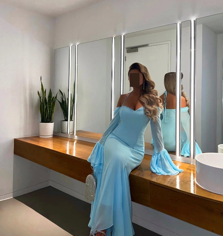 Blue Chiffon Mermaid Evening Dresses Off Shoulder Formal Occasion Gown Halter Prom Dress Evening Gowns Floor Length