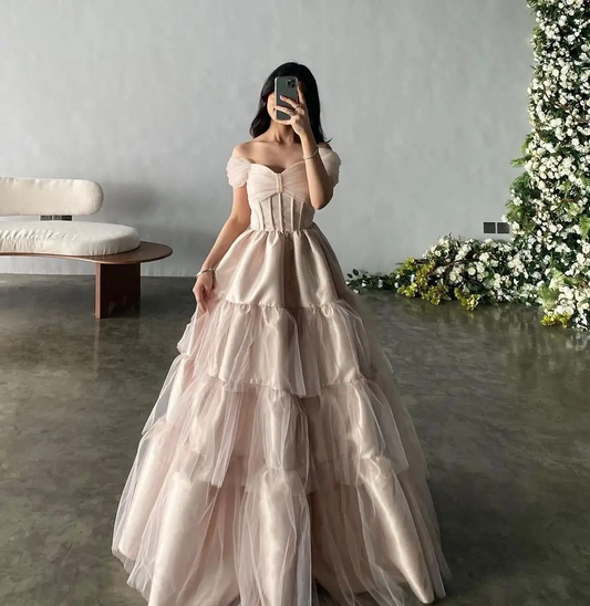 Romantic Prom Dresses Off-Shoulder A-Line Floor-Length Princess Customized Formal Occasion Dresses