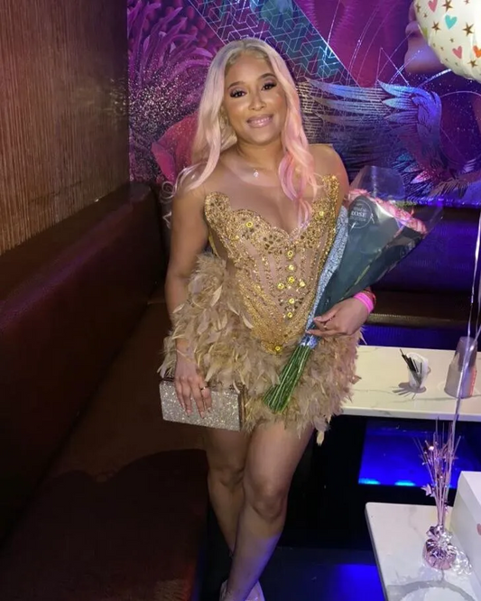 Gold Sparkly Short Prom Homecoming Dresses for Black Girl Luxury Crystal Beaded Ostrich Feather Birthday Party Gown