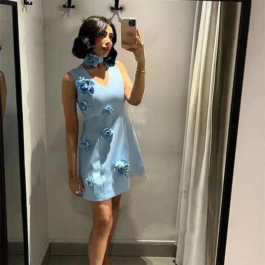 Sexy Blue V-Neck With Handflower Short Homecoming Dresses A Line Mini Prom Gown for Graduation Party Gown