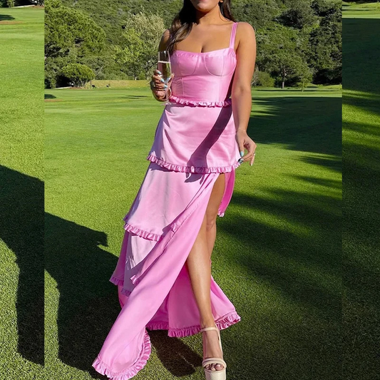 Prom Dresses Spaghetti Side Split Lace up Closure Ruffles Tiered Graduation Matric Dance Party Gowns Customized