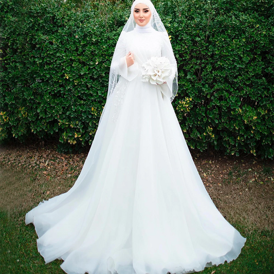 Wedding Dresses for Bride High Neck Long Flare Sleeve Sweep Train Soft Organza Appliques Beading Garden Muslim Bridal Gowns