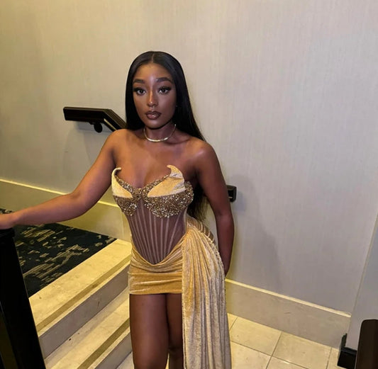 Sexy Gold Prom Dress Velvet Luxury Crystal Beads Birthday Party Cocktail Gown Illusion Homecoming Robe De Bal Lace Up Back