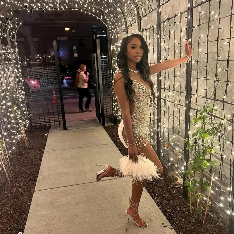 Sexy Short Prom Dress Sheer Mesh Glitter Crystals Diamonds Rhinestone Bead Graduation Birthday Party Coctail Gowns