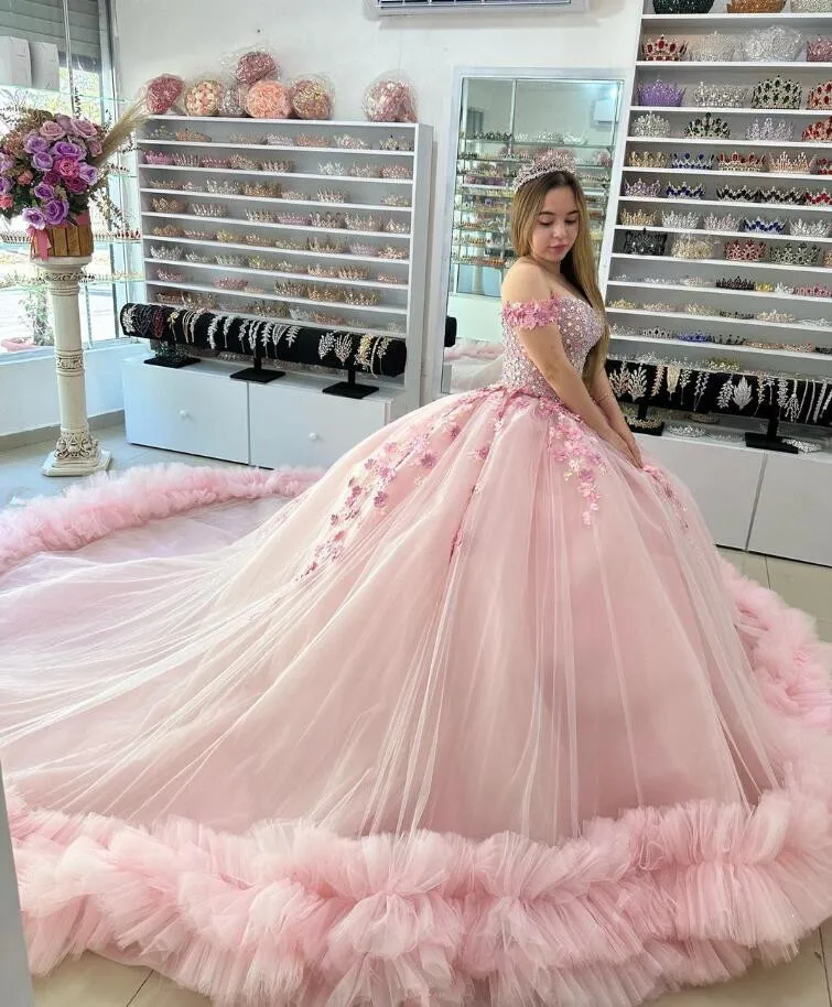 Sparkly Pink Princess Quinceanera Dresses Off Shoulder Luxury Crystal 3D Floral Applique