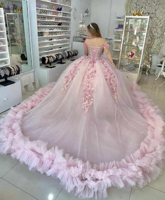 Sparkly Pink Princess Quinceanera Dresses Off Shoulder Luxury Crystal 3D Floral Applique