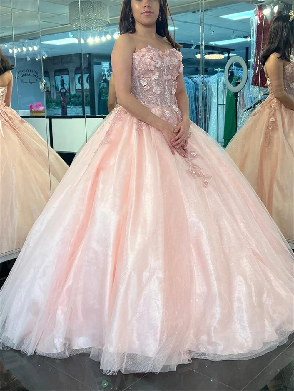 Pink 3D Floral Lace Strapless Ball Gown Strapless Appliqued Quinceanera Dress New Arrival