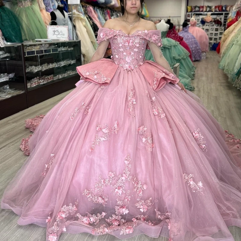 Pink Sparkly Princess Quinceanera Dresses Floral Applique Lace Beads
