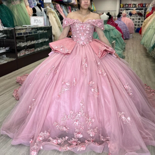 Pink Sparkly Princess Quinceanera Dresses Floral Applique Lace Beads