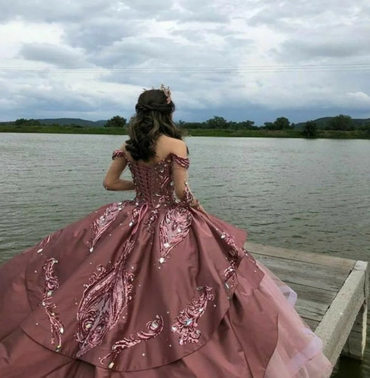 Luxury Pink Quinceañera Dress Princess Sequin Ball Gown Sweet 15 Birthday Dress Glitter Xv Charro Prom Gowns