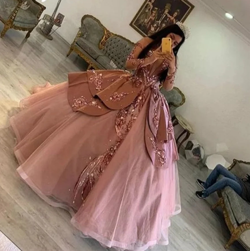 Luxury Pink Quinceañera Dress Princess Sequin Ball Gown Sweet 15 Birthday Dress Glitter Xv Charro Prom Gowns