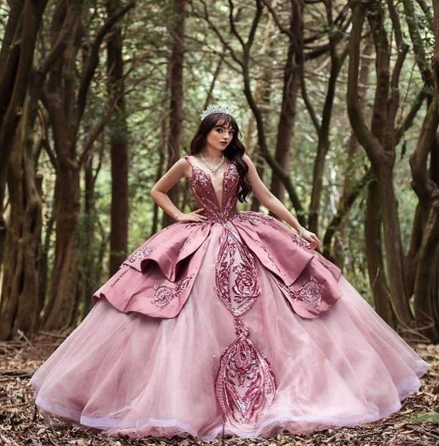 Luxury Pink Quinceañera Dress Princess Sequin Ball Gown Sweet 15 Birthday Dress Glitter Xv Charro Prom Gowns