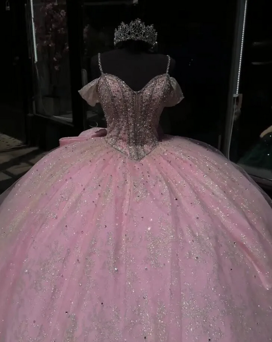 Pink Sparkly Princess Quinceanera Dresses with Bow Mexican Crystal Beaded Off Shoulder