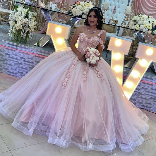 Pink Ball Gown Quinceanera Dresses One Shoulder 3D Floral Sweet 16 Dress Custom Made Party Gown