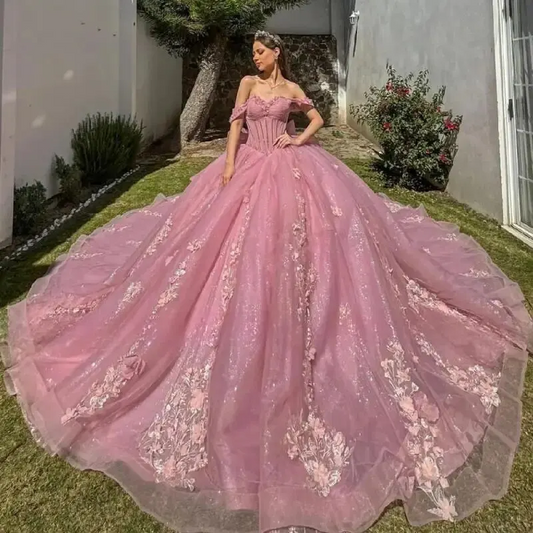 Pink Long Train Quinceanera Dress Off Shoulder Birthday Party Ball Gown Sweet 15