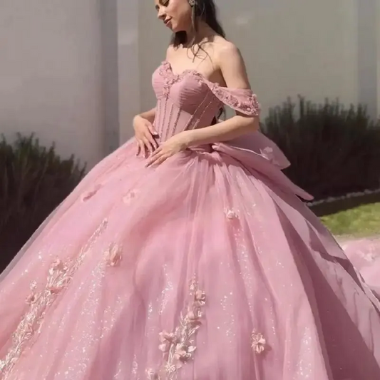 Pink Long Train Quinceanera Dress Off Shoulder Birthday Party Ball Gown Sweet 15
