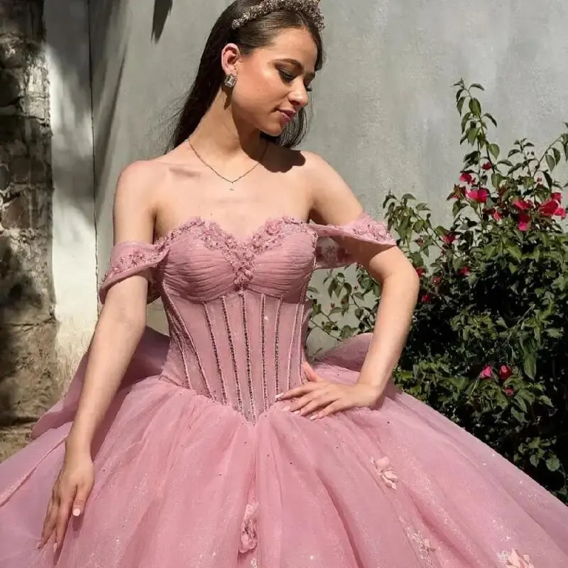 Pink Long Train Quinceanera Dress Off Shoulder Birthday Party Ball Gown Sweet 15