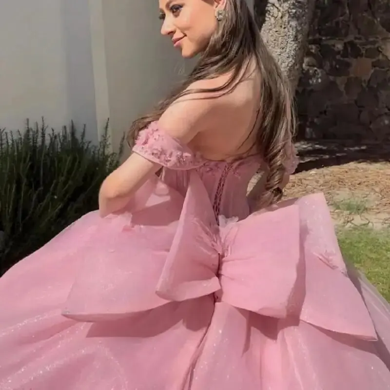 Pink Long Train Quinceanera Dress Off Shoulder Birthday Party Ball Gown Sweet 15