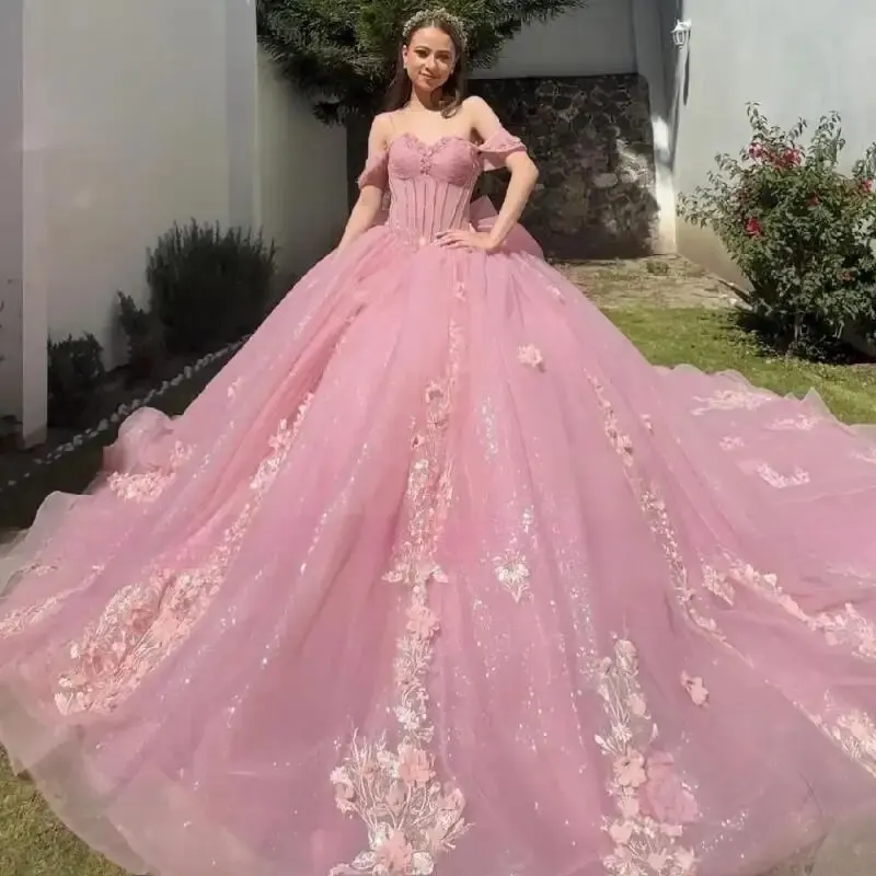 Pink Long Train Quinceanera Dress Off Shoulder Birthday Party Ball Gown Sweet 15