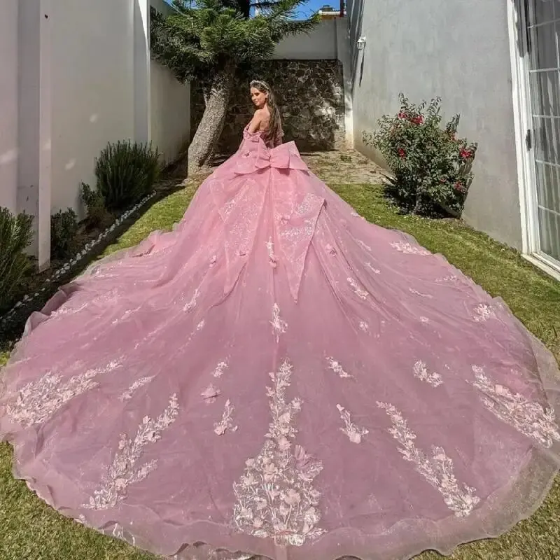 Pink Long Train Quinceanera Dress Off Shoulder Birthday Party Ball Gown Sweet 15