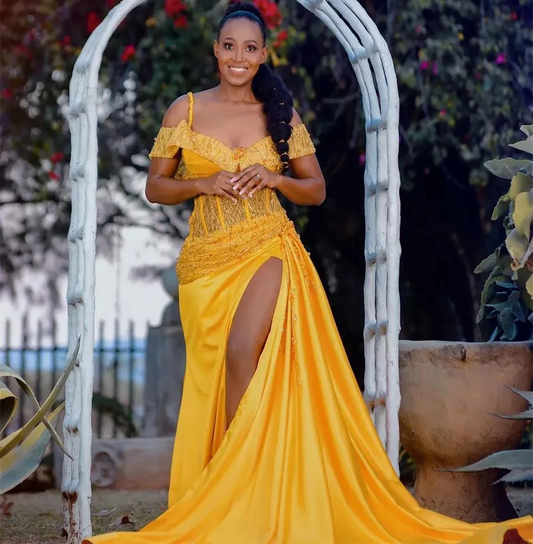 Sexy Yellow Special Evening Dress Lace Appliques Mermaid Satin Party Dress Floor-Length Bridal Prom Dress