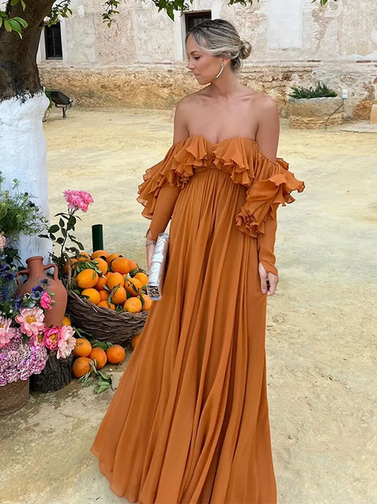 Summer Elegant Solid Ruffles Maxi Dress For Women Fashion Off Shoulder High Waist Female Evening Party