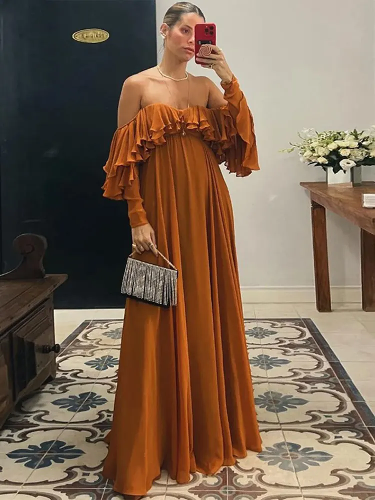 Summer Elegant Solid Ruffles Maxi Dress For Women Fashion Off Shoulder High Waist Female Evening Party