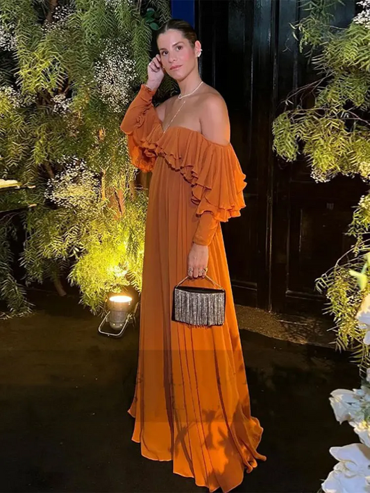 Summer Elegant Solid Ruffles Maxi Dress For Women Fashion Off Shoulder High Waist Female Evening Party