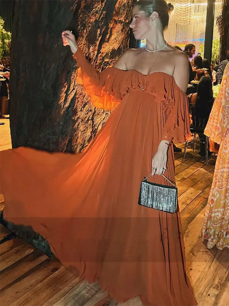 Summer Elegant Solid Ruffles Maxi Dress For Women Fashion Off Shoulder High Waist Female Evening Party