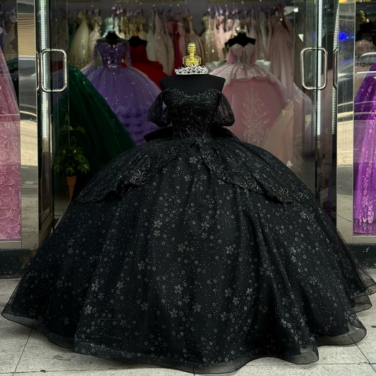 Luxury Black Shiny Quinceanera Dressess Off The Shoulder Ball Gowns Beads Bow Tull Sweet 16 Dress