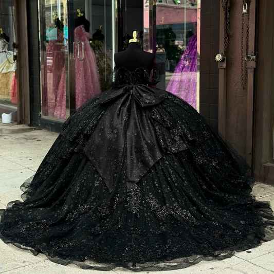 Luxury Black Shiny Quinceanera Dressess Off The Shoulder Ball Gowns Beads Bow Tull Sweet 16 Dress