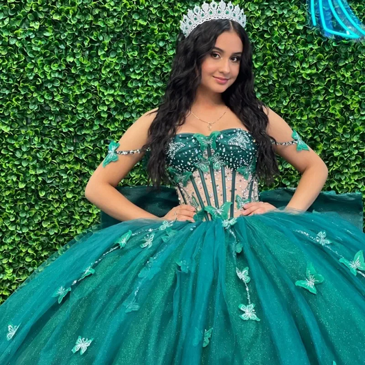 Luxury Emerald Green Ball Gowns Quinceanera Dresses Beaded Bow Princess Birthday Rhinestones Women