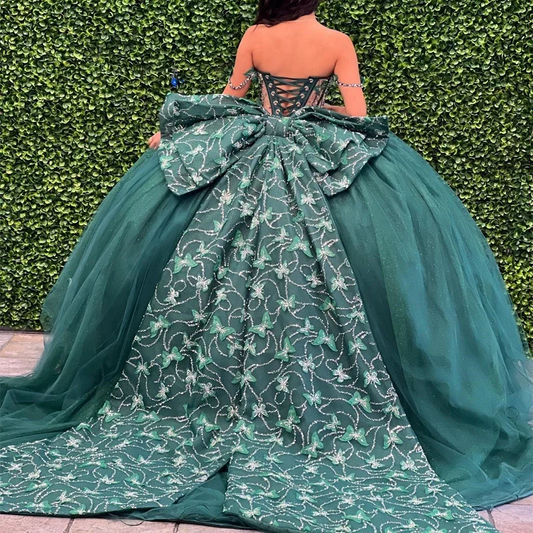 Luxury Emerald Green Ball Gowns Quinceanera Dresses Beaded Bow Princess Birthday Rhinestones Women