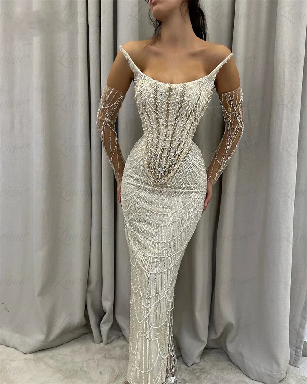 Sequined Pearls Evening Dresses Luxury Mermaid Champagne Beaded Spaghetti Straps Formal Prom Party Gowns