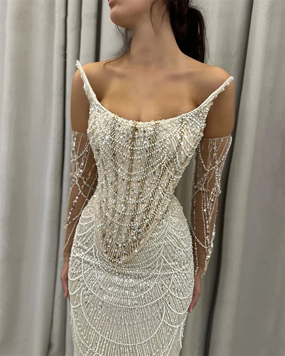 Sequined Pearls Evening Dresses Luxury Mermaid Champagne Beaded Spaghetti Straps Formal Prom Party Gowns