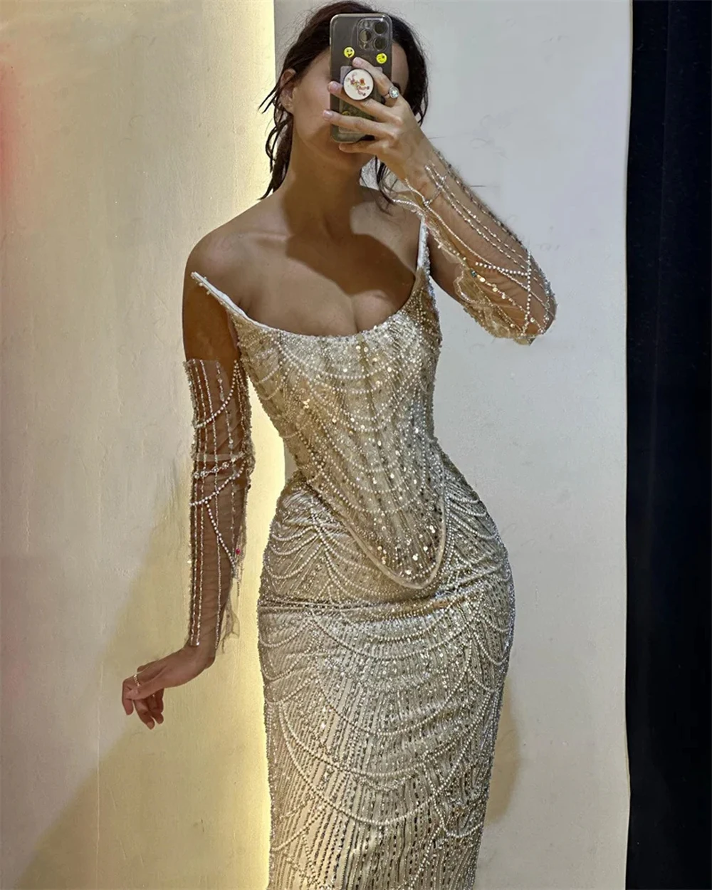 Sequined Pearls Evening Dresses Luxury Mermaid Champagne Beaded Spaghetti Straps Formal Prom Party Gowns