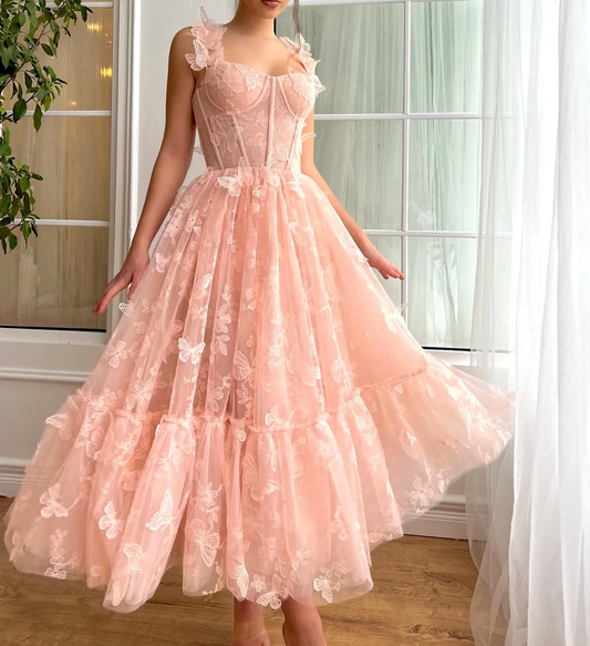 Tulle Spaghetti Straps Evening Dresses 3D Butterfly A-Line Ankle-Length Prom Gowns Elegant Lace Up Teen's Homecoming Dress