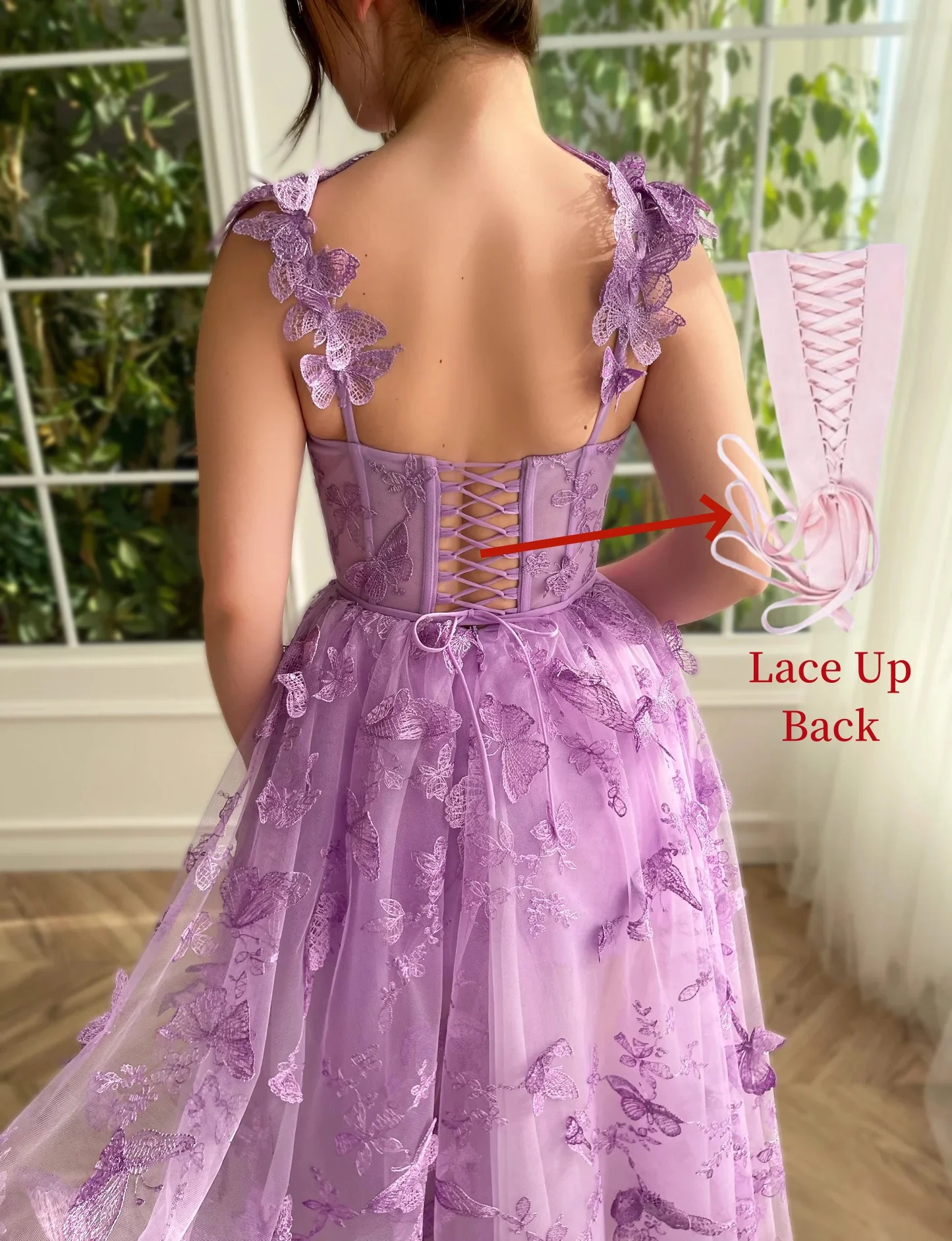 Tulle Spaghetti Straps Evening Dresses 3D Butterfly A-Line Ankle-Length Prom Gowns Elegant Lace Up Teen's Homecoming Dress