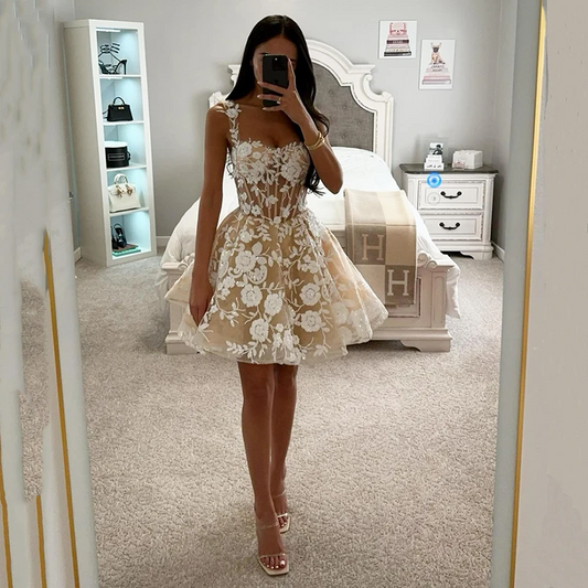Champagne Short Wedding Dresses Women Sweetheart Appliques Wedding Gowns Beach Bridal Prom Dress Custom Size