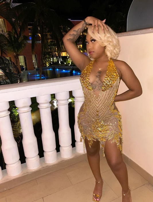Luxury Gold Diamante Short Cocktail Dresses For Black Girls Sexy Glitter Beaded Crystal Birthday Party Celebrity Dresses