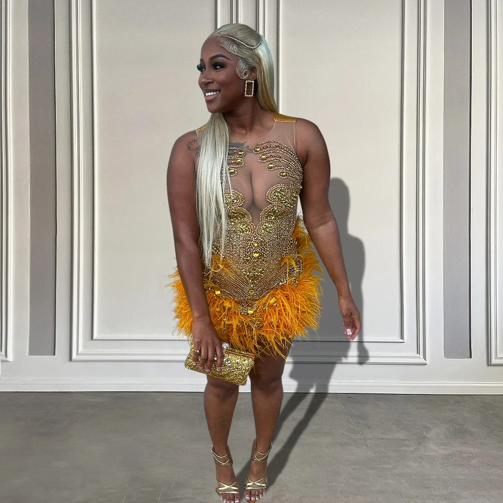 Sparkly Luxury Gold Diamond Black Girls Short Prom Dress See Through Sexy Women Feather Birthday Gowns Homecoming