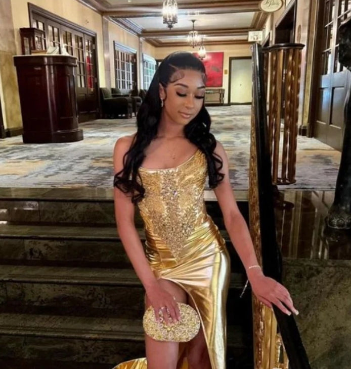 Sexy Gold Mermaid Prom Dress Elegant Shiny Diamond Applique High Split Black Girls Birthday Party Formal
