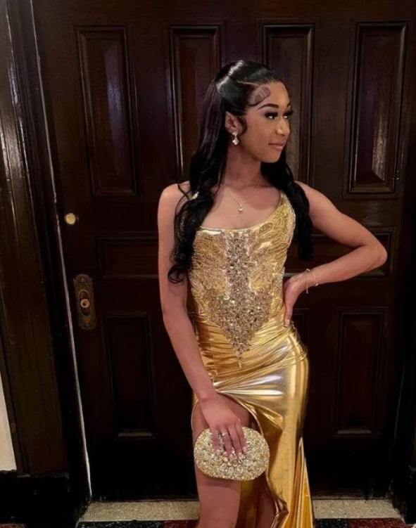 Sexy Gold Mermaid Prom Dress Elegant Shiny Diamond Applique High Split Black Girls Birthday Party Formal