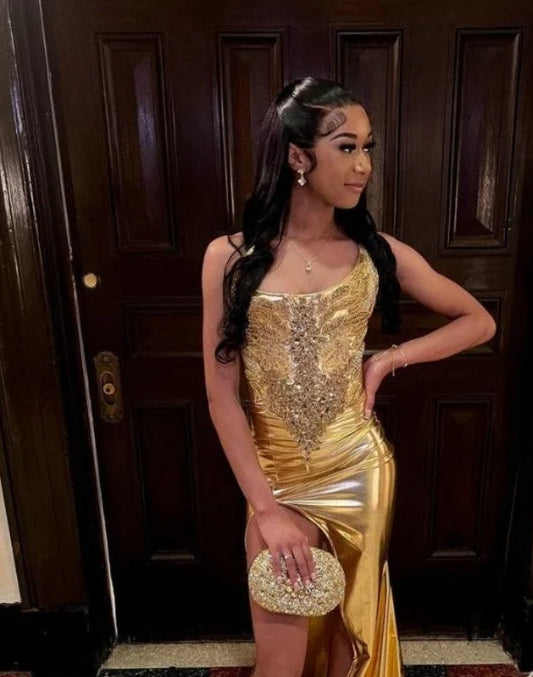 Sexy Gold Mermaid Prom Dress Elegant Shiny Diamond Applique High Split Black Girls Birthday Party Formal