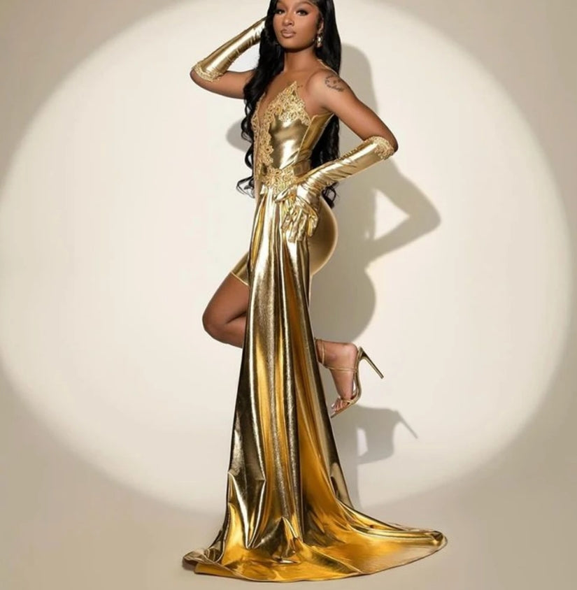 Golden Shinny Beading Short Prom Gowns With Gloves And Train Mermaid Birthday Dress