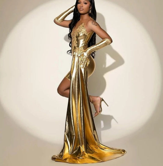 Golden Shinny Beading Short Prom Gowns With Gloves And Train Mermaid Birthday Dress