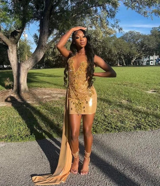 Luxury Gold Diamonds Prom Dresses Sexy Sparkly Beads Rhinestone Crystal Birthday Cocktail Party Homecoming Gowns